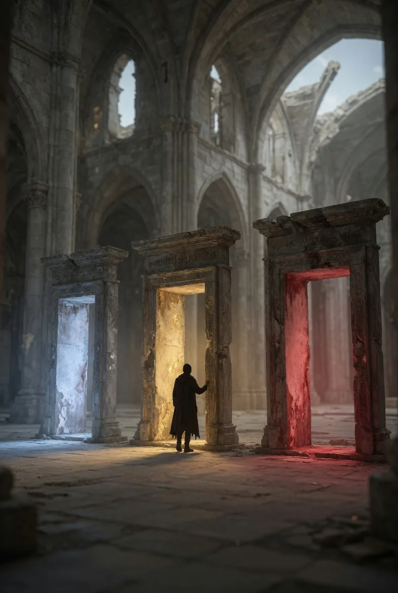 Une silhouette face à trois portails lumineux — rouge, doré et pâle — dans une cathédrale en ruine. Allégorie des trois grandes positions philosophiques.