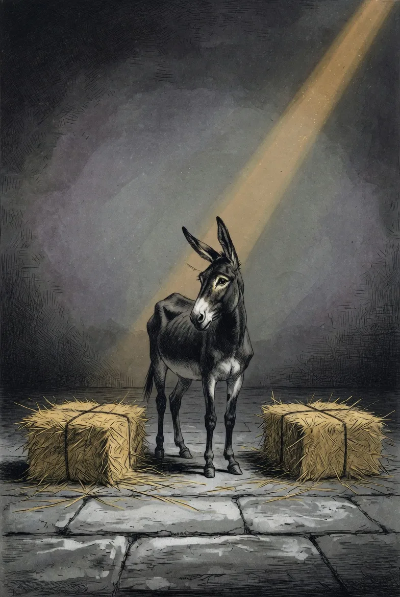 Un âne paralysé entre deux bottes de foin identiques, sous un faisceau de lumière oblique. Illustration du paradoxe de Buridan.