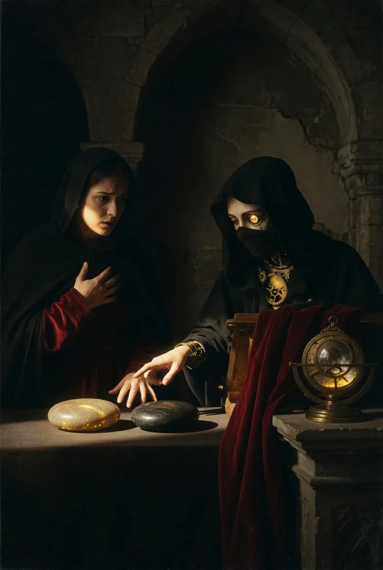 Une jeune femme, main sur le cœur, fait face à un oracle voilé à la pupille dorée qui tend la main au-dessus de deux pierres — l'une pâle, l'autre sombre. À droite, une sphère armillaire évoque le démon de Laplace. Allégorie de la prédiction parfaite.