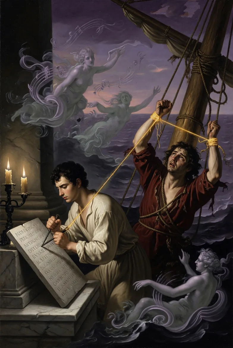 Le même protagoniste apparaît deux fois dans la même composition : à gauche, son toi-du-passé grave sereinement un vœu sur une stèle de pierre ; à droite, son toi-du-présent, attaché par des cordes au mât d'un navire, supplie d'être détaché, face angoissée. Entre leurs mains s'étire un fil d'or, symbolisant le contrat à travers le temps. Au loin, des sirènes spectrales émergent de la mer crépusculaire.